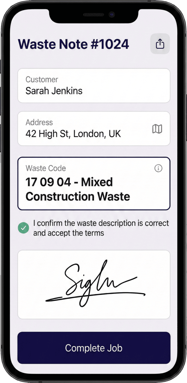 QuickWasteNote App Screenshot showing digital waste transfer note creation